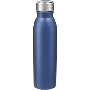 A drink bottle in matte navy blue with a stainless steel lid and a sleek, modern design. It features a logo on the body.