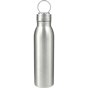 A drink bottle made of stainless steel in a sleek silver finish, featuring a top loop for easy carrying.
