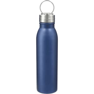 A drink bottle in a navy blue finish with a stainless steel cap and a metal loop. Features a logo.