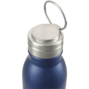 A drink bottle in a matte navy blue finish with a silver cap and a metal ring for attachment.