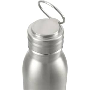A drink bottle featuring a stainless steel design with a looped lid, showcasing a sleek, matte finish.
