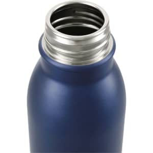 A drink bottle with a sleek design in navy blue, featuring a silver-coloured opening and a logo.