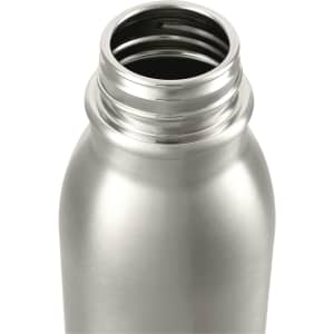 A drink bottle in brushed stainless steel featuring a wide opening and a sleek design. It has a logo on the surface.