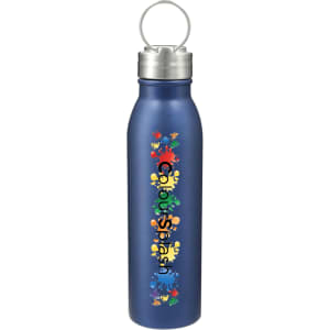 A drink bottle in a navy blue finish with a silver lid and a colourful logo design.