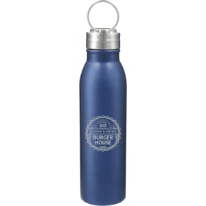 A drink bottle in blue stainless steel with a silver lid and an engraved logo design.