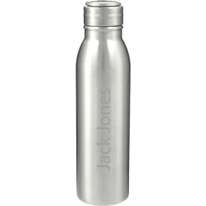 A drink bottle in silver stainless steel featuring a sleek design and a logo. Suitable for beverages.