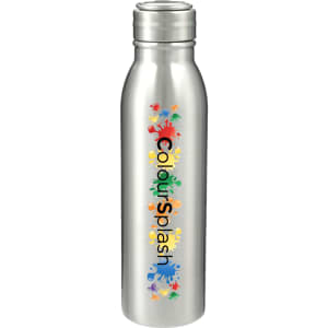 A drink bottle in silver stainless steel, featuring a colourful logo design.