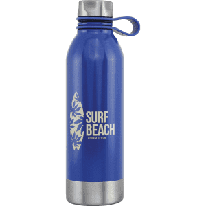 A drink bottle in a vibrant blue finish with a stainless steel base and a logo feature.
