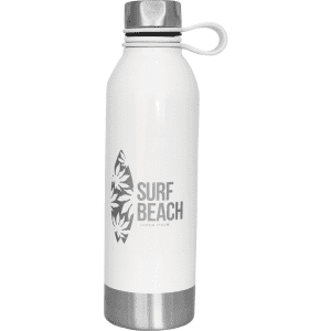 A drink bottle in white stainless steel with a silver lid and a logo featuring a surfboard design.