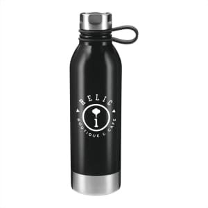 A drink bottle in black stainless steel with a silver bottom and a logo. Ideal for sports and outdoor activities.