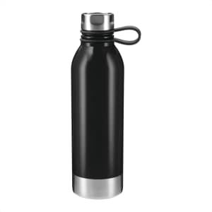 A drink bottle in black stainless steel with a silver base and a looped lid is displayed. It features a logo.