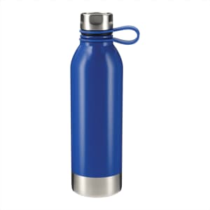 A drink bottle with a sleek blue body, stainless steel base, and a looped lid for easy carrying.