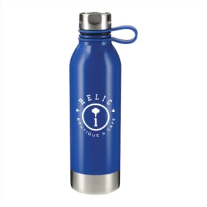 A drink bottle in blue with a stainless steel base and a logo. It features a screw-on lid with a handle.