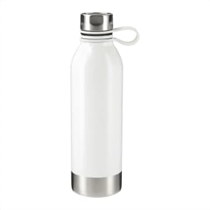 A drink bottle in white with a stainless steel bottom and a secure lid featuring a loop.