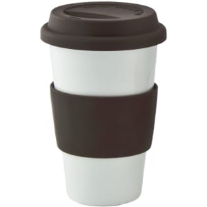 A ceramic coffee mug with a white body, brown lid, and a brown silicone sleeve for grip. Features a logo.