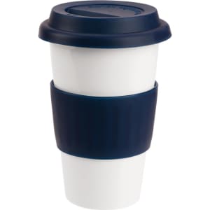 A ceramic coffee mug with a white body, navy lid, and navy silicone sleeve. It features a logo.