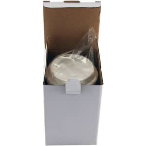 A ceramic coffee mug in a cardboard box, packaged with protective plastic. The mug appears white in colour.