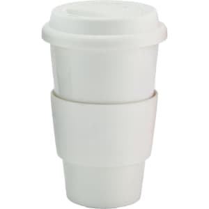 A ceramic coffee mug in white, featuring a lid and a silicone grip band. It has a branding logo.