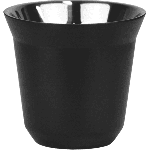 A black recycled espresso cup with a shiny silver interior, featuring a rounded design and a logo.