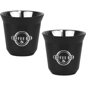 A set of two black espresso cups with a stainless steel interior, featuring a logo on the front.