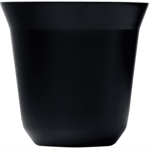 A black recycled espresso cup with a tapered shape and a glossy finish, featuring a logo.