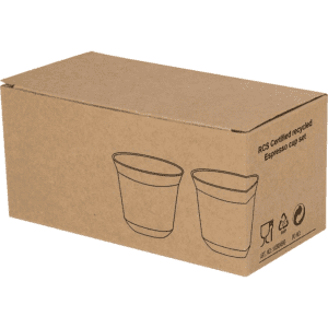 A recycled espresso cup set in a cardboard box, featuring two cups in a simple, rounded design.