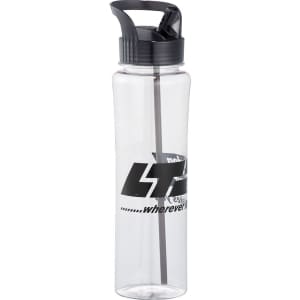 A drink bottle in clear plastic with a black lid and straw, featuring a logo. Capacity is 885ml.