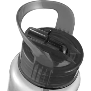 A drink bottle with a grey lid and spout, featuring a built-in handle. It has a sleek, transparent design.