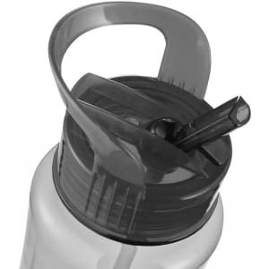 A drink bottle with a grey cap and spout, featuring a handle and a clear body. It has a logo on the side.