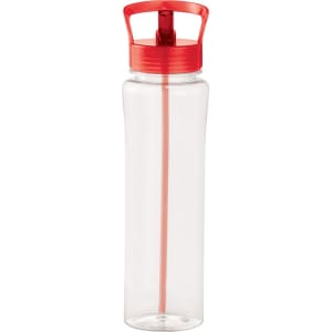 A drink bottle in clear plastic with a red lid and straw, featuring a slight curvature and a logo.
