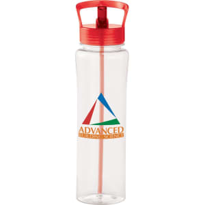 A drink bottle in clear plastic with a red lid and straw, featuring a logo on the front.