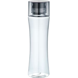A drink bottle in clear plastic with a silver lid, featuring a sleek, modern design and a logo.