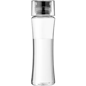 A drink bottle in clear plastic with a sleek, curved design and a stainless steel cap. Features a logo.
