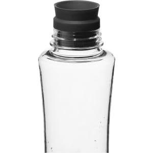 A drink bottle with a clear body and a black silicone cap, featuring a simple design and a logo.