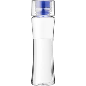 A drink bottle made from clear BPA-free plastic with a blue cap and a sleek design. It has a logo on the side.