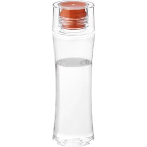 A drink bottle with a clear body and an orange screw cap, featuring a logo on the side. Holds 470ml.
