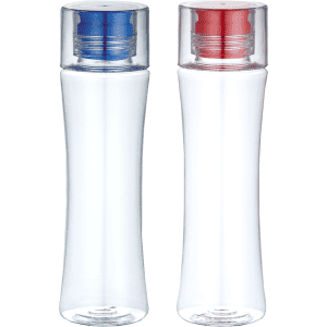 A drink bottle set featuring two BPA-free bottles, one with a blue lid and the other with a red lid, both clear.