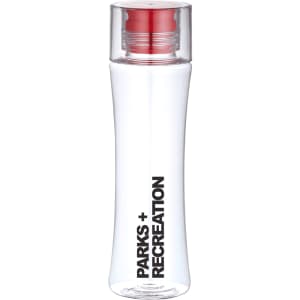 A drink bottle in clear plastic with a red cap and a logo, featuring a sleek, curved design.