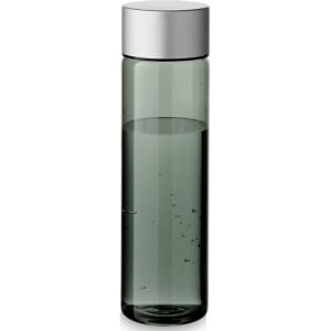 A drink bottle in a sleek design, featuring a silver lid and a transparent green body filled with water.