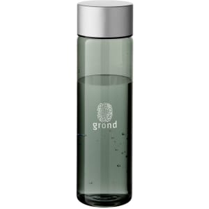 A drink bottle in a sleek, transparent grey-green design with a silver cap and a logo on the front.