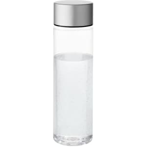 A drink bottle in transparent glass with a silver metallic lid, holding clear water inside.