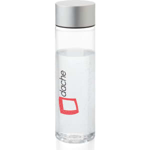 A drink bottle featuring a clear body and a silver lid, partially filled with sparkling water. It has a branding logo.
