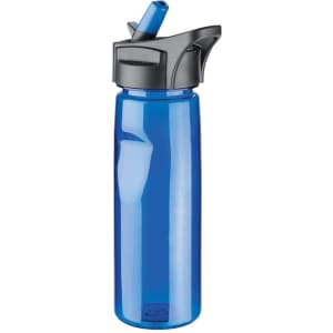 A drink bottle in blue with a grey lid and a straw, featuring a logo on the side. It holds 600ml.