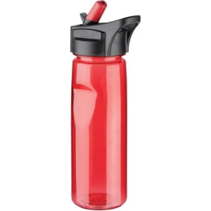 A drink bottle in red with a black lid and straw, featuring a logo on the front.