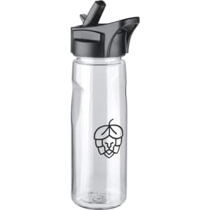 A drink bottle in clear plastic with a black cap and spout, featuring a logo design in black.
