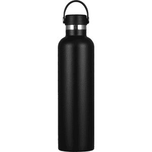 A drink bottle in matte black stainless steel with a silver lid, featuring a handle for easy carrying.