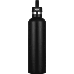 A drink bottle in matte black stainless steel, featuring a secure lid and a simple design. It has a logo on the side.