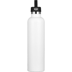 A drink bottle that is white with a black lid and features a logo. It has a capacity of 1 litre.
