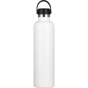 A drink bottle in matte white stainless steel, featuring a black cap and handle. Includes a logo on the surface.