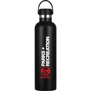 A drink bottle made of stainless steel, featuring a black body and a logo, with a capacity of 1 litre.